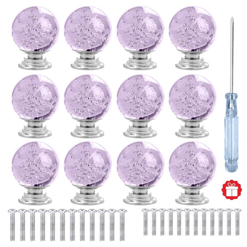 ANJUU 12 Pcs 30mm Round Shape Bubble Crystal Glass Cabinet Knobs with Screws Drawer Knob Pull Handle Used for Kitchen, Dresser, Door, Cupboard (Lavender) - Image 1